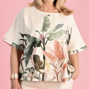 Spighe Di Lino Tropical Leaf Print Linen Mia Blouse NWT Size Small Made In Italy
